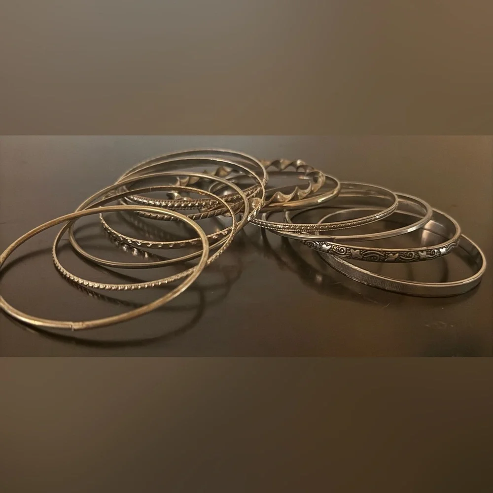 Silver Tone Bangle Bracelet Set 12 Piece Stackable Mixed Metal Bundle